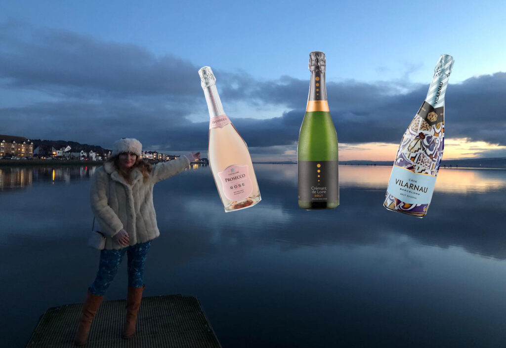 author on a lake, sunset in the background, three bottles of fizz pasted in the sky